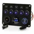 5-veis bryterpanel med voltmeter, USB-lader og sigarettenneruttak for bobiler, båter og fritidsbåter
