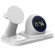 6-i-1 trådløs lader på 15W med digital klokke for iPhone, Apple Watch og AirPods - hvit