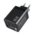 65W GaN-reiselader - uttrekkbar USB-C-kabel, USB-C-/USB-A-porter - svart
