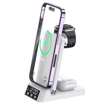 A60 4-i-1 15 W trådløs lader sammenleggbart ladestativ for mobiltelefon, hodesett og smartklokke-ladestasjon med klokke (for Apple Watch-versjon) - hvit