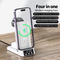 A60 4-i-1 15 W trådløs lader sammenleggbart ladestativ for mobiltelefon, hodesett og smartklokke-ladestasjon med klokke (for Apple Watch-versjon) - hvit