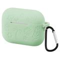 AirPods Pro 3 Etui i flytende silikon med karabinkrok og blomstermønster - grønn