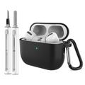 AirPods Pro 3 silikonetui med karabinkrok og rengjøringspenn - svart