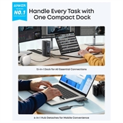 Anker 13-i-1 multifunksjonell hub - 2x USB-C, 3x USB-A, 100W Power Delivery - grå