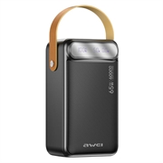 Awei PA-82 60000mAh powerbank - 65W, 2x USB-A/USB-C, LED-display, lommelykt - svart