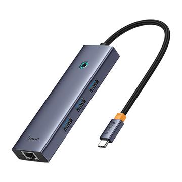 Baseus Flite BS-OH109 4-i-1 USB-C-nav - 3xUSB 3.0, RJ45 Ethernet-port - Plass Grå