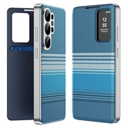 Samsung Galaxy S26 Ultra Smart View-flipetui med rutemønster og kortlomme - blå