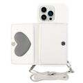 Heart Series iPhone 14 Pro Max Deksel med Lommebok og Stropp - Hvit