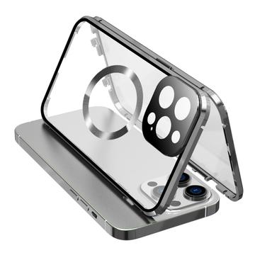 Dobbeltsidig herdet glass + magnetisk metallramme Anti-Drop Case for iPhone 15 Kompatibel med MagSafe Phone Cover med spennelås - Sølv