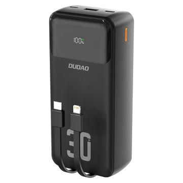 Dudao K15MAX 30000mAh Powerbank - 22.5W PD- og QC-hurtiglading, innebygde USB-C- og Lightning-kabler - Svart
