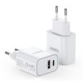 Duzzona T12 30W PD hurtiglader til veggmontering - USB-C/USB-A, EU-stikkontakt - hvit