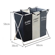 Sammenleggbar 3-cellers skittentøyskurv - 38x66x58cm - svart/hvit/grå