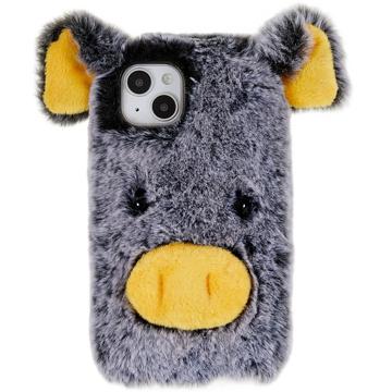 Fluffy Plush iPhone 14 Hybrid-deksel - Grå Gris