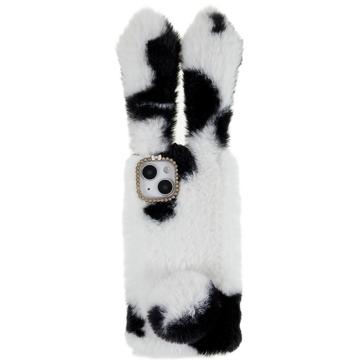 For iPhone 14 Plus Myk håndlaget Fluffy Furry Bunny TPU Shell Cute Rabbit Beskyttelsesveske - Svart