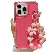 iPhone 16 Pro Glitter støtsikkert hybriddeksel med håndleddsstropp - Varm Rosa