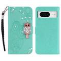 Google Pixel 8 Ugle Rhinestone Lommebok-deksel med rhinestone - Cyan