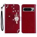 Google Pixel 8 Pro Ugle Rhinestone Lommebok-deksel - Rød