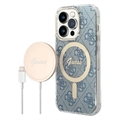 Guess 4G Edition Bundle Pack iPhone 14 Pro Deksel & Trådløs Lader - Blå