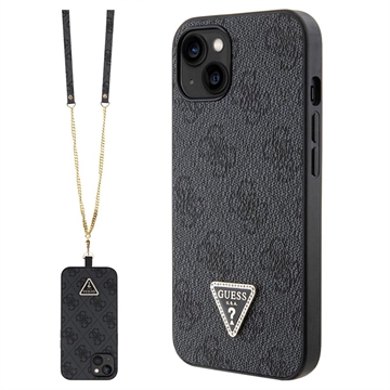 iPhone 15 Guess 4G Strass Triangle Metal Deksel med Crossbody-stropp - Svart