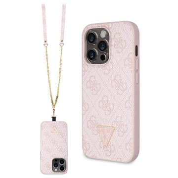 iPhone 15 Pro Max Guess 4G Strass Triangle Metal Deksel med Crossbody-stropp - Rosa