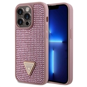 iPhone 15 Pro Guess Rhinestones Triangle Metal Logo Deksel - Rosa