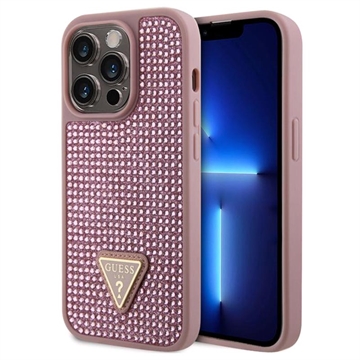 iPhone 15 Pro Guess Rhinestones Triangle Metal Logo Deksel - Rosa