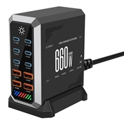 HHW 660W GaN 10-port USB-C-ladestasjon med skjerm - 6xUSB-C, 4xUSB-A - Svart
