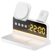 HT-568 3-i-1 magnetisk trådløs lader med vekkerklokke og skrivebordslampe - hvit