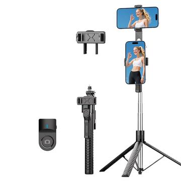 K50 dobbel telefonklips Bluetooth selfiestangstativ med fjernkontroll - svart