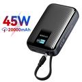 KUULAA KL-YD120 20000mAh powerbank med TFT-skjerm og innebygd USB-C-kabel - 45W - grå