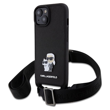 iPhone 15 Karl Lagerfeld Saffiano Crossbody Metal Karl & Choupette Deksel - Svart