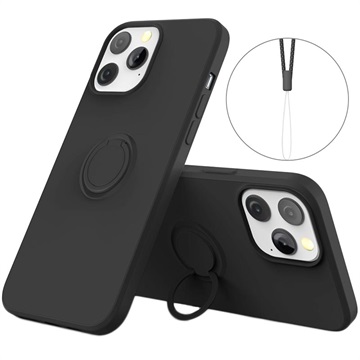 iPhone 13 Pro Max Liquid Silikondeksel med Ringholder - Svart