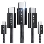 Lisen flettet USB-C til USB-C kabelsett - 60W, 3A, 5 stk. - Svart