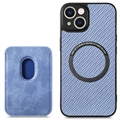 iPhone 14 Magnetisk Deksel med Kortlomme - Karbonfiber - Blå