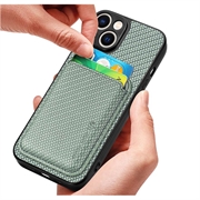 iPhone 15 Magnetisk Deksel med Kortlomme - Karbonfiber - Grønn