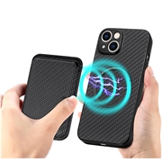 iPhone 15 Plus Magnetisk Deksel med Kortlomme - Karbonfiber - Svart