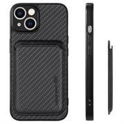 iPhone 15 Plus Magnetisk Deksel med Kortlomme - Karbonfiber - Svart