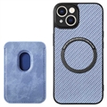 iPhone 15 Plus Magnetisk Deksel med Kortlomme - Karbonfiber - Blå
