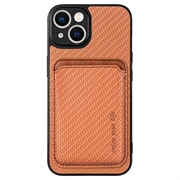 iPhone 15 Plus Magnetisk Deksel med Kortlomme - Karbonfiber - Brun