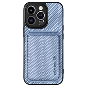 iPhone 15 Pro Magnetisk Deksel med Kortlomme - Karbonfiber - Blå