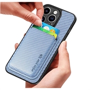 iPhone 15 Pro Magnetisk Deksel med Kortlomme - Karbonfiber - Blå
