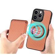 iPhone 15 Pro Magnetisk Deksel med Kortlomme - Karbonfiber - Brun