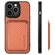iPhone 15 Pro Magnetisk Deksel med Kortlomme - Karbonfiber - Brun