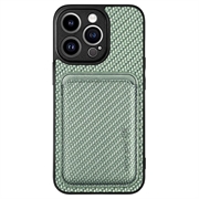 iPhone 15 Pro Magnetisk Deksel med Kortlomme - Karbonfiber - Grønn