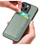 iPhone 15 Pro Magnetisk Deksel med Kortlomme - Karbonfiber - Grønn