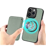 iPhone 15 Pro Magnetisk Deksel med Kortlomme - Karbonfiber - Grønn