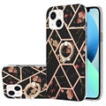 iPhone 15 Plus Marble Pattern IMD TPU-deksel med Ringholder - Svart