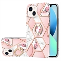 iPhone 15 Plus Marble Pattern IMD TPU-deksel med Ringholder - Rosa / Hvit