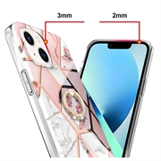 iPhone 15 Plus Marble Pattern IMD TPU-deksel med Ringholder - Rosa / Hvit