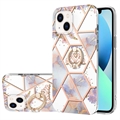 iPhone 15 Plus Marble Pattern IMD TPU-deksel med Ringholder - Lilla / Hvit